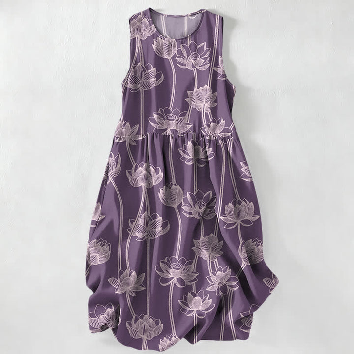 Buddha Stones Summer Casual Lotus Line Art Pattern Women's Summer Sleeveless Midi Dress With Pockets - Plum - US16，UK/AU20，EU48 (3XL) - image 4