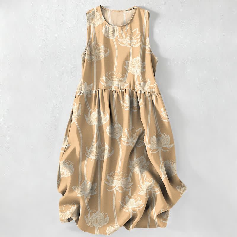 Buddha Stones Summer Casual Lotus Line Art Pattern Women's Summer Sleeveless Midi Dress With Pockets - Tan - US16，UK/AU20，EU48 (3XL) - image 5