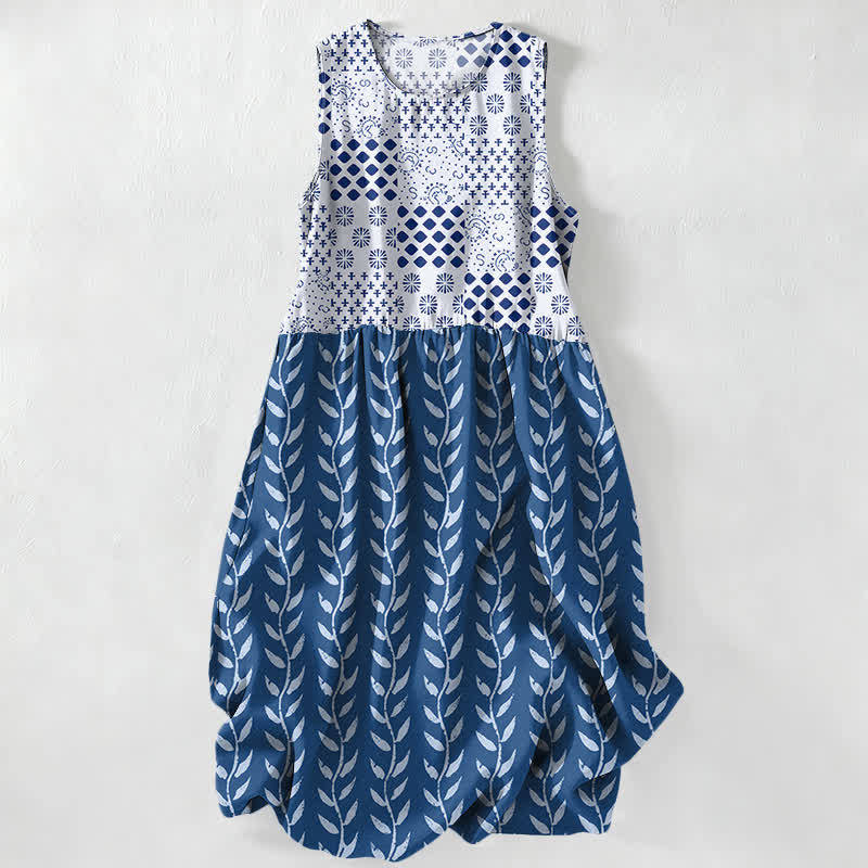 Buddha Stones Summer Casual Geometric Vine Pattern Women's Summer Sleeveless Midi Dress With Pockets - SteelBlue - US16，UK/AU20，EU48 (3XL) - image 0