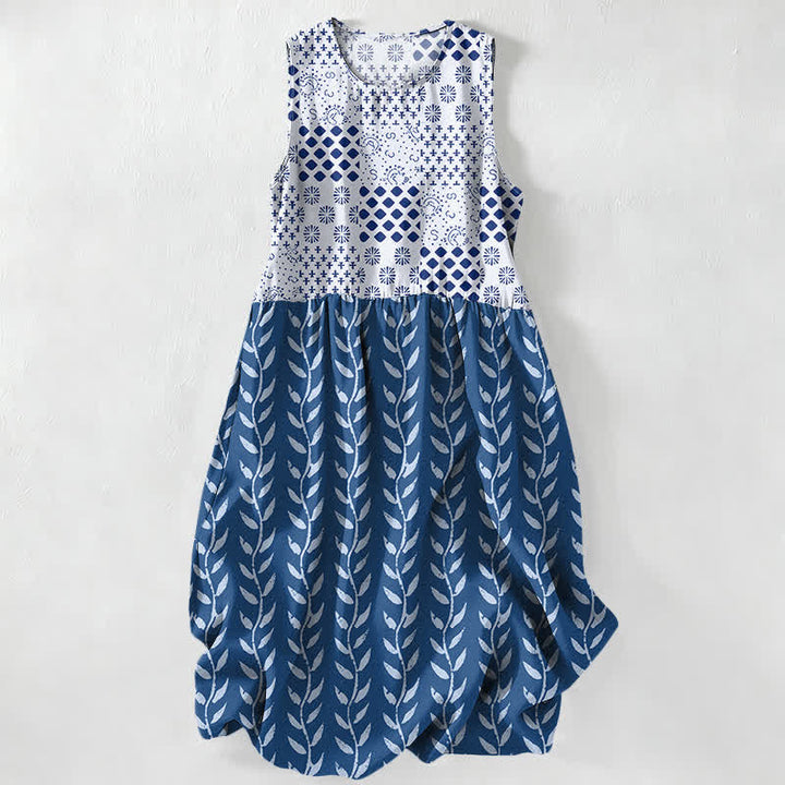 Buddha Stones Summer Casual Geometric Vine Pattern Women's Summer Sleeveless Midi Dress With Pockets - SteelBlue - US16，UK/AU20，EU48 (3XL) - image 0