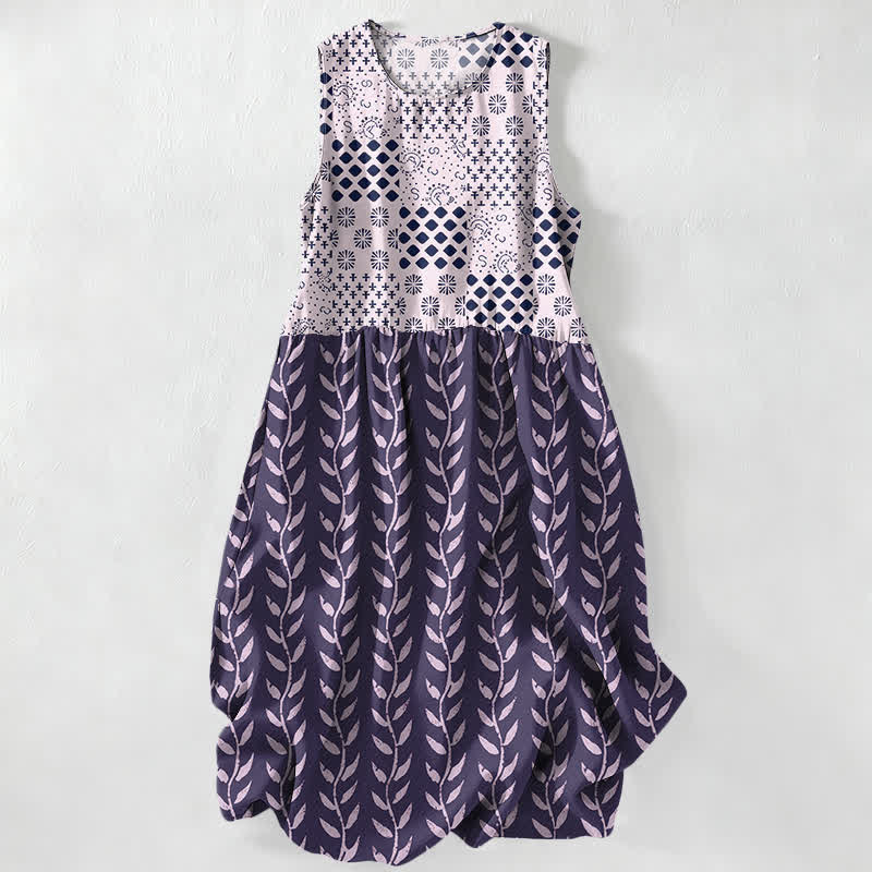 Buddha Stones Summer Casual Geometric Vine Pattern Women's Summer Sleeveless Midi Dress With Pockets - Purple - US16，UK/AU20，EU48 (3XL) - image 4
