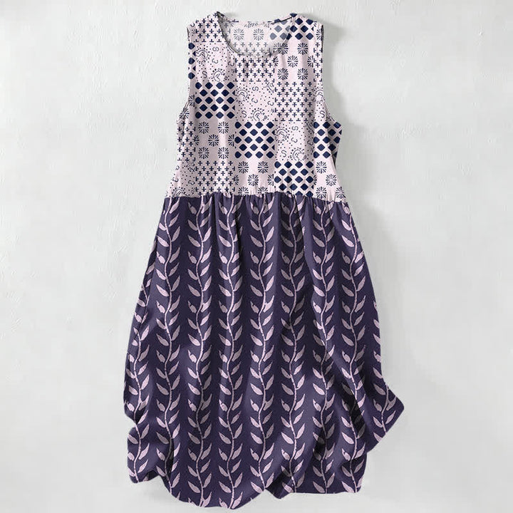 Buddha Stones Summer Casual Geometric Vine Pattern Women's Summer Sleeveless Midi Dress With Pockets - Purple - US16，UK/AU20，EU48 (3XL) - image 4