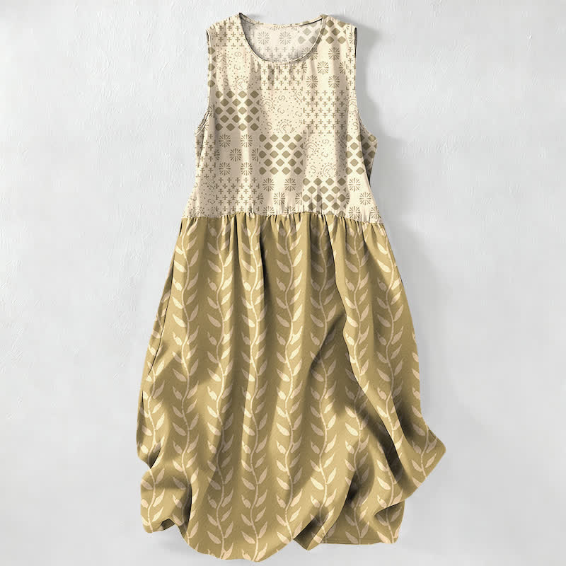 Buddha Stones Summer Casual Geometric Vine Pattern Women's Summer Sleeveless Midi Dress With Pockets - Khaki - US16，UK/AU20，EU48 (3XL) - image 5