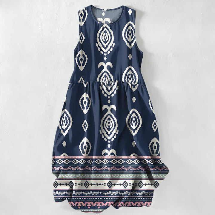 Buddha Stones Summer Casual Tribal Geometric Border Pattern Women's Summer Sleeveless Midi Dress With Pockets - Navy - US16，UK/AU20，EU48 (3XL) - image 4