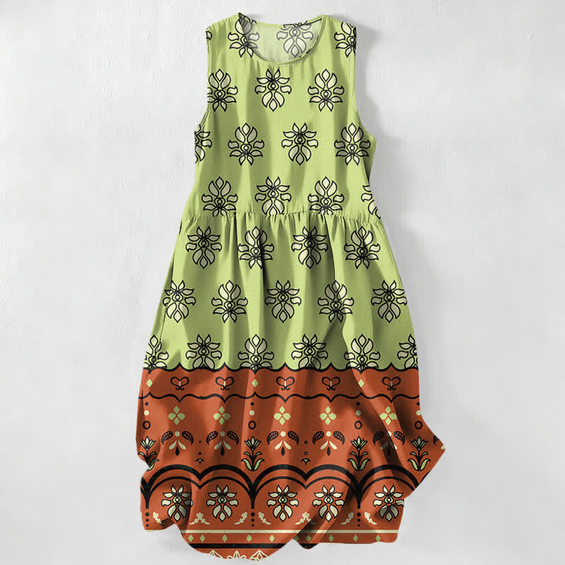 Buddha Stones Summer Casual Mint Floral Border Pattern Women's Summer Sleeveless Midi Dress With Pockets - LightGreen - US16，UK/AU20，EU48 (3XL) - image 0