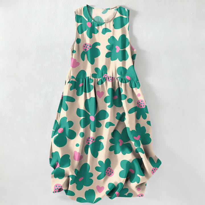 Buddha Stones Summer Casual Green Floral Hearts Pattern Women's Summer Sleeveless Midi Dress With Pockets - Beige - US16，UK/AU20，EU48 (3XL) - image 0