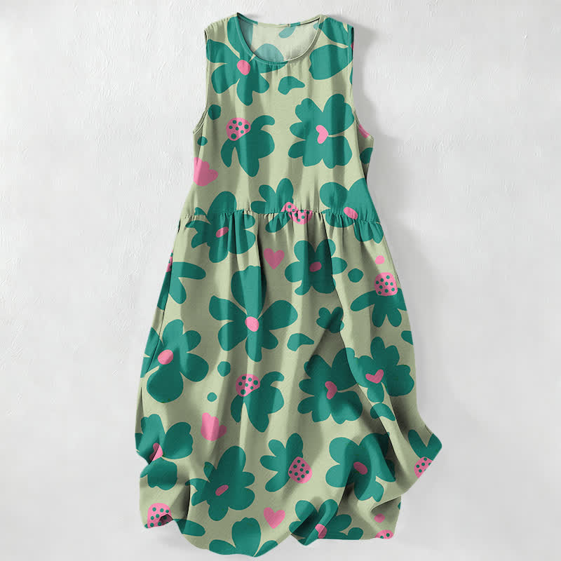 Buddha Stones Summer Casual Green Floral Hearts Pattern Women's Summer Sleeveless Midi Dress With Pockets - PaleGreen - US16，UK/AU20，EU48 (3XL) - image 4