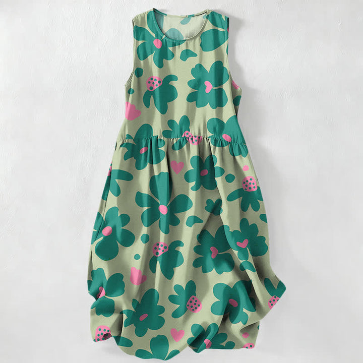 Buddha Stones Summer Casual Green Floral Hearts Pattern Women's Summer Sleeveless Midi Dress With Pockets - PaleGreen - US16，UK/AU20，EU48 (3XL) - image 4