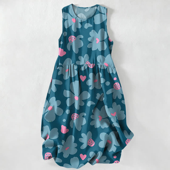 Buddha Stones Summer Casual Green Floral Hearts Pattern Women's Summer Sleeveless Midi Dress With Pockets - Teal - US16，UK/AU20，EU48 (3XL) - image 5