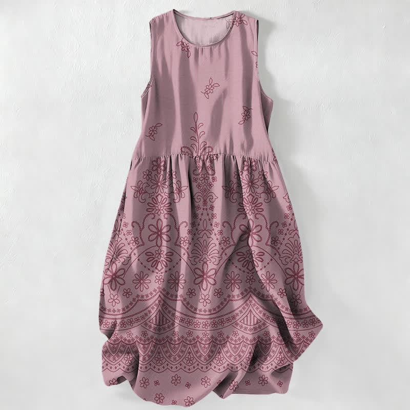 Buddha Stones Summer Casual Bohemian Floral Border Pattern Women's Summer Sleeveless Midi Dress With Pockets - PaleVioletRed - US16，UK/AU20，EU48 (3XL) - image 4