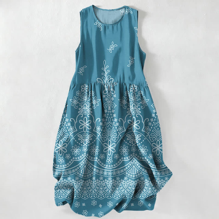 Buddha Stones Summer Casual Bohemian Floral Border Pattern Women's Summer Sleeveless Midi Dress With Pockets - Turquoise - US16，UK/AU20，EU48 (3XL) - image 5