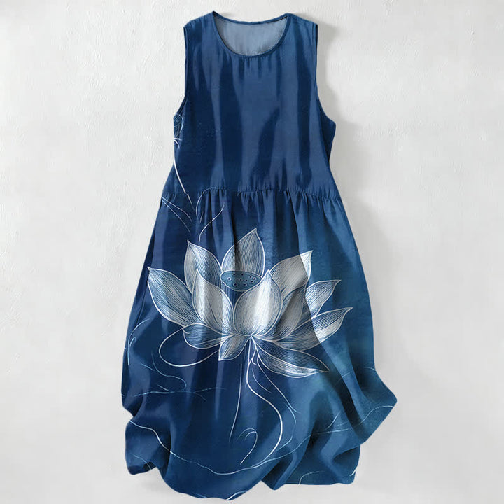 Buddha Stones Summer Casual Lotus Bloom Pattern Women's Summer Sleeveless Midi Dress With Pockets - Navy - US16，UK/AU20，EU48 (3XL) - image 4