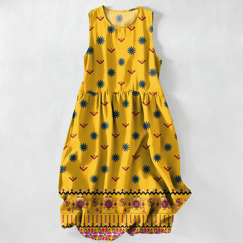 Buddha Stones Summer Casual Boho Floral Geometric Pattern Women's Summer Sleeveless Midi Dress With Pockets - Gold - US16，UK/AU20，EU48 (3XL) - image 0