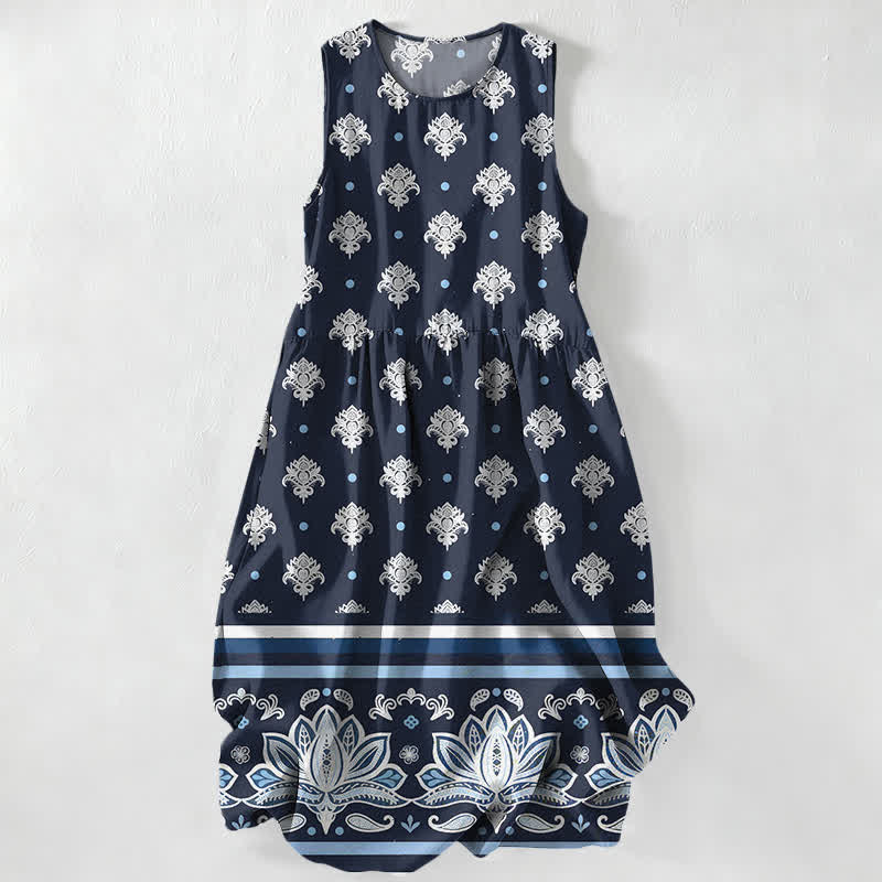 Buddha Stones Summer Casual Lotus Border Floral Pattern Women's Summer Sleeveless Midi Dress With Pockets - Navy - US16，UK/AU20，EU48 (3XL) - image 0