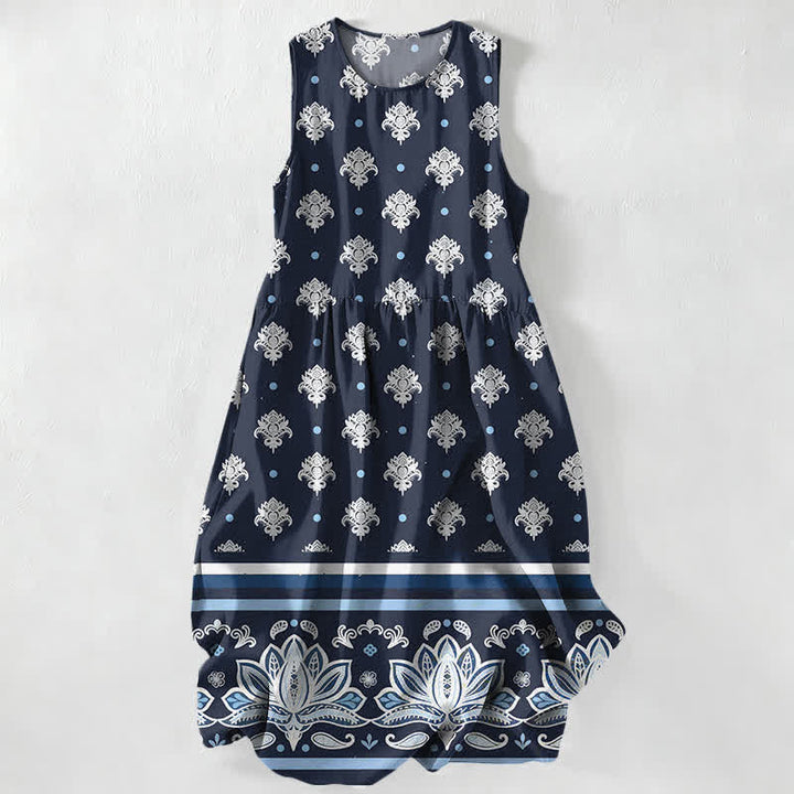 Buddha Stones Summer Casual Lotus Border Floral Pattern Women's Summer Sleeveless Midi Dress With Pockets - Navy - US16，UK/AU20，EU48 (3XL) - image 0