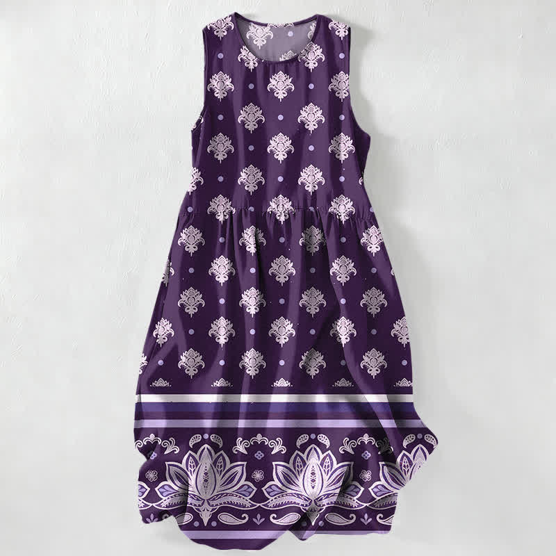 Buddha Stones Summer Casual Lotus Border Floral Pattern Women's Summer Sleeveless Midi Dress With Pockets - Purple - US16，UK/AU20，EU48 (3XL) - image 4