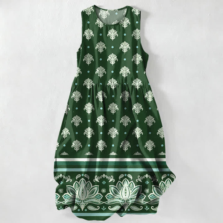 Buddha Stones Summer Casual Lotus Border Floral Pattern Women's Summer Sleeveless Midi Dress With Pockets - ForestGreen - US16，UK/AU20，EU48 (3XL) - image 5