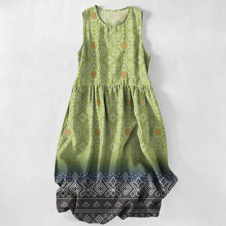 Buddha Stones Summer Casual Bohemian Geometric Floral Pattern Women's Summer Sleeveless Midi Dress With Pockets - LightGreen - US16，UK/AU20，EU48 (3XL) - image 0
