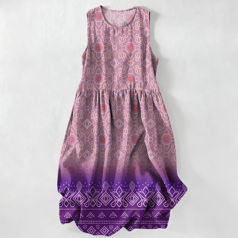 Buddha Stones Summer Casual Bohemian Geometric Floral Pattern Women's Summer Sleeveless Midi Dress With Pockets - Plum - US16，UK/AU20，EU48 (3XL) - image 4