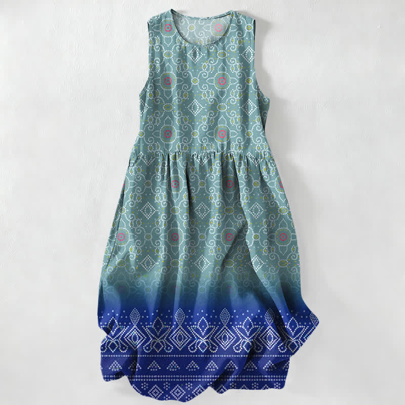 Buddha Stones Summer Casual Bohemian Geometric Floral Pattern Women's Summer Sleeveless Midi Dress With Pockets - Turquoise - US16，UK/AU20，EU48 (3XL) - image 5