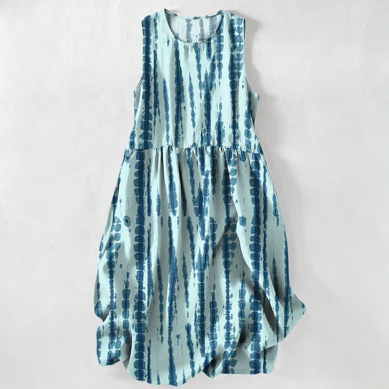 Buddha Stones Summer Casual Vertical Brush Stripe Pattern Women's Summer Sleeveless Midi Dress With Pockets - PaleTurquoise - image 5