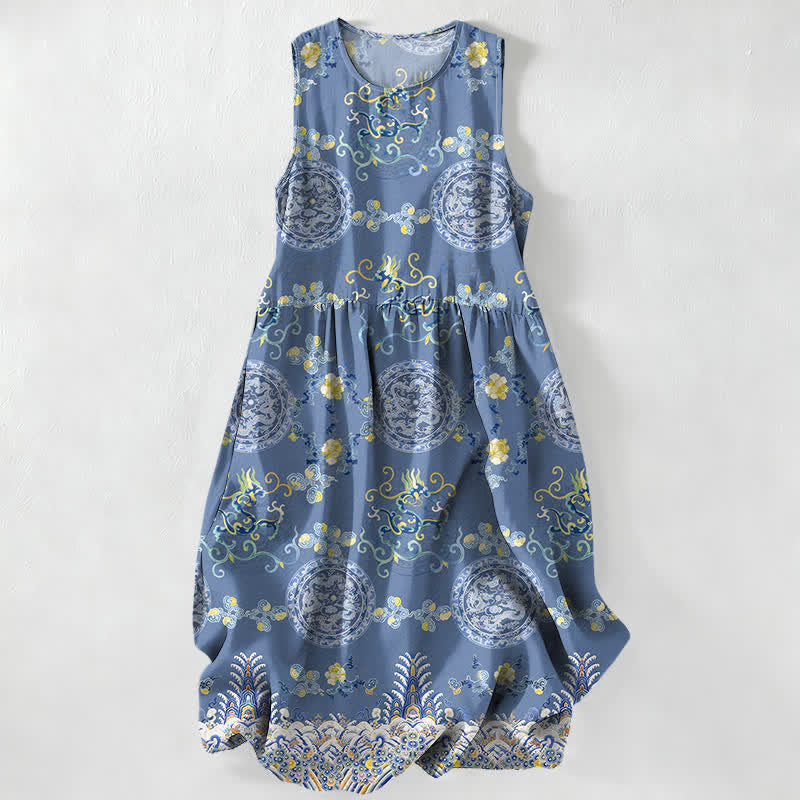 Buddha Stones Summer Casual Vintage Floral Medallions Leaves Pattern Women's Summer Sleeveless Midi Dress With Pockets - SteelBlue - US16，UK/AU20，EU48 (3XL) - image 0