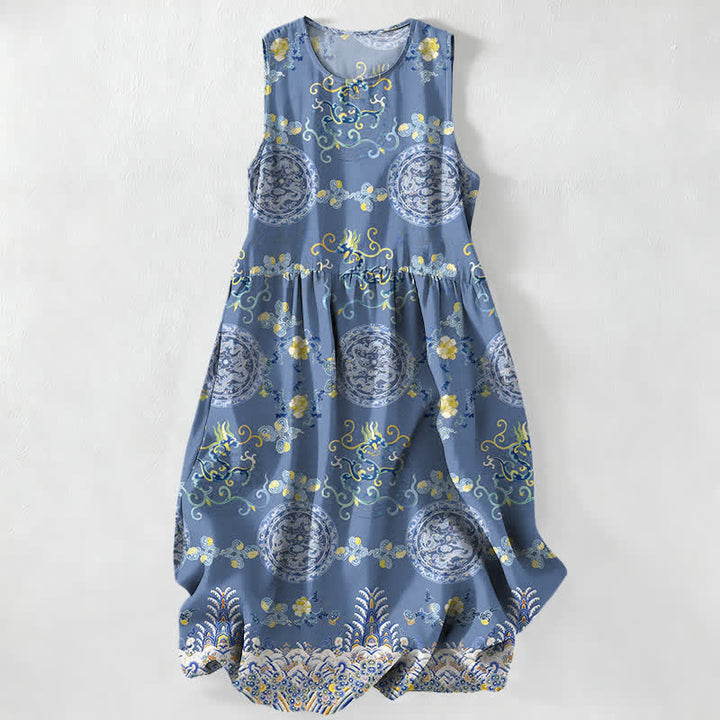 Buddha Stones Summer Casual Vintage Floral Medallions Leaves Pattern Women's Summer Sleeveless Midi Dress With Pockets - SteelBlue - US16，UK/AU20，EU48 (3XL) - image 0