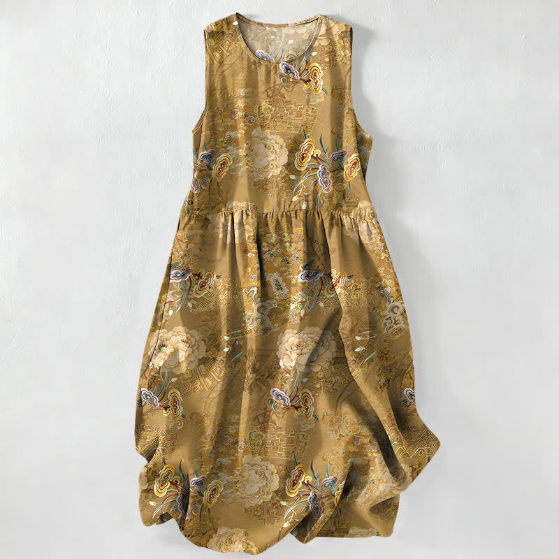 Buddha Stones Summer Casual Vintage Paisley Floral Pattern Women's Summer Sleeveless Midi Dress With Pockets - DarkGoldenrod - US16，UK/AU20，EU48 (3XL) - image 0