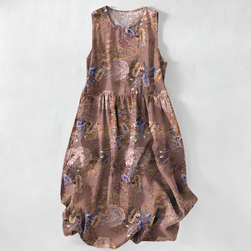 Buddha Stones Summer Casual Vintage Paisley Floral Pattern Women's Summer Sleeveless Midi Dress With Pockets - Peru - US16，UK/AU20，EU48 (3XL) - image 4