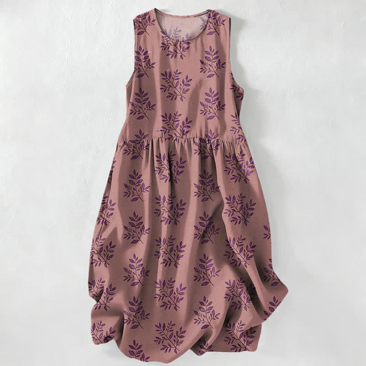 Buddha Stones Summer Casual Botanical Leaves Pattern Women's Summer Sleeveless Midi Dress With Pockets - PaleVioletRed - US16，UK/AU20，EU48 (3XL) - image 5