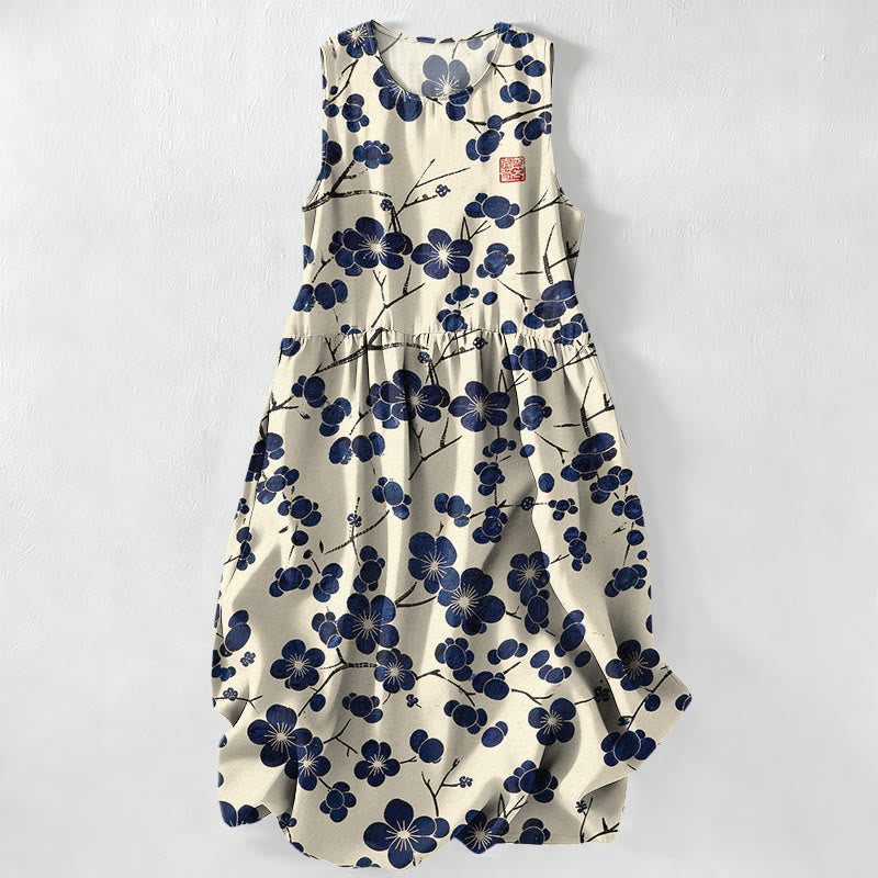 Buddha Stones Summer Casual Indigo Floral Leaves Pattern Women's Summer Sleeveless Midi Dress With Pockets - Ivory - US16，UK/AU20，EU48 (3XL) - image 0