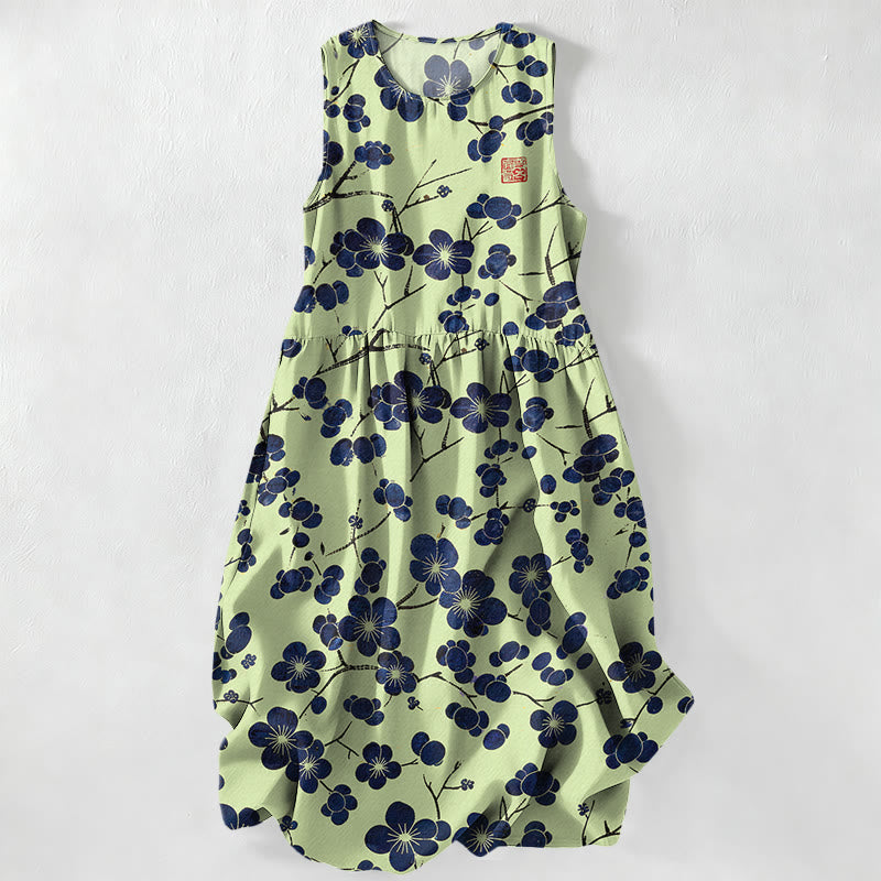Buddha Stones Summer Casual Indigo Floral Leaves Pattern Women's Summer Sleeveless Midi Dress With Pockets - LightGreen - US16，UK/AU20，EU48 (3XL) - image 4