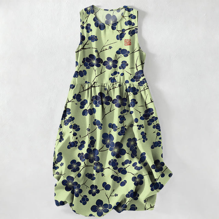 Buddha Stones Summer Casual Indigo Floral Leaves Pattern Women's Summer Sleeveless Midi Dress With Pockets - LightGreen - US16，UK/AU20，EU48 (3XL) - image 4