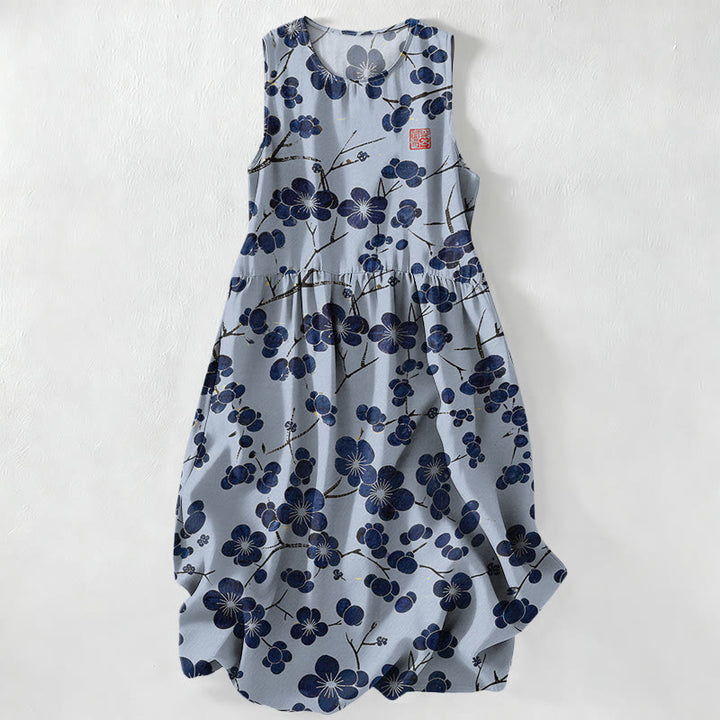 Buddha Stones Summer Casual Indigo Floral Leaves Pattern Women's Summer Sleeveless Midi Dress With Pockets - PowderBlue - US16，UK/AU20，EU48 (3XL) - image 5