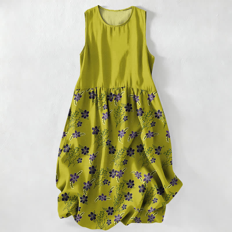 Buddha Stones Summer Casual Purple Floral Leaves Pattern Women's Summer Sleeveless Midi Dress With Pockets - YellowGreen - US16，UK/AU20，EU48 (3XL) - image 0