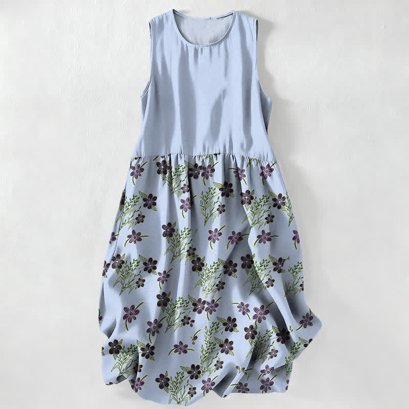 Buddha Stones Summer Casual Purple Floral Leaves Pattern Women's Summer Sleeveless Midi Dress With Pockets - LightBlue - US16，UK/AU20，EU48 (3XL) - image 4