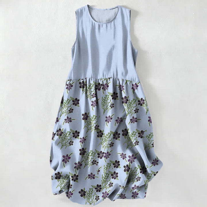 Buddha Stones Summer Casual Purple Floral Leaves Pattern Women's Summer Sleeveless Midi Dress With Pockets - LightBlue - US16，UK/AU20，EU48 (3XL) - image 4