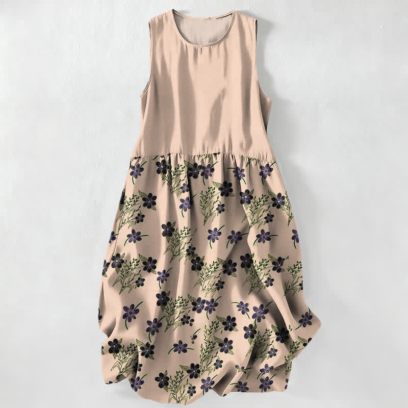 Buddha Stones Summer Casual Purple Floral Leaves Pattern Women's Summer Sleeveless Midi Dress With Pockets - PeachPuff - US16，UK/AU20，EU48 (3XL) - image 5