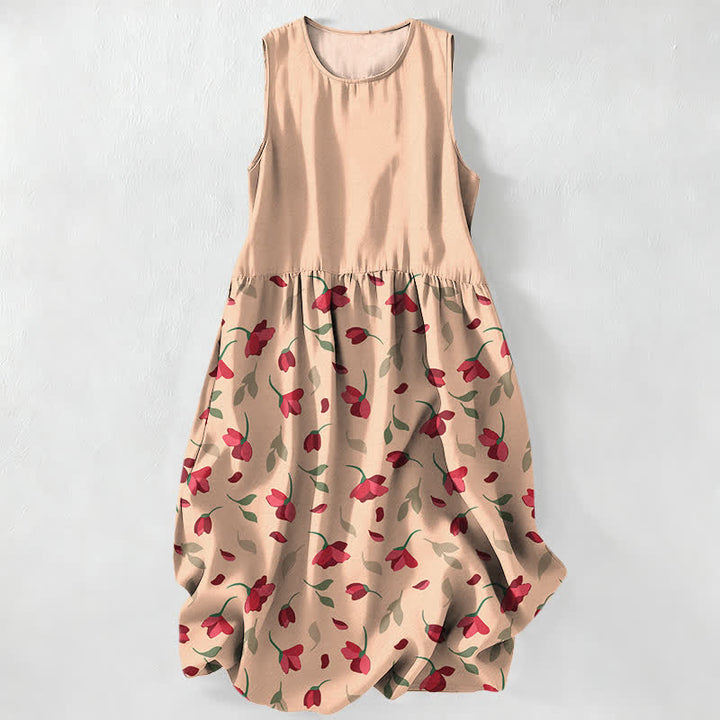 Buddha Stones Summer Casual Red Floral Vine Pattern Women's Summer Sleeveless Midi Dress With Pockets - PeachPuff - US16，UK/AU20，EU48 (3XL) - image 4