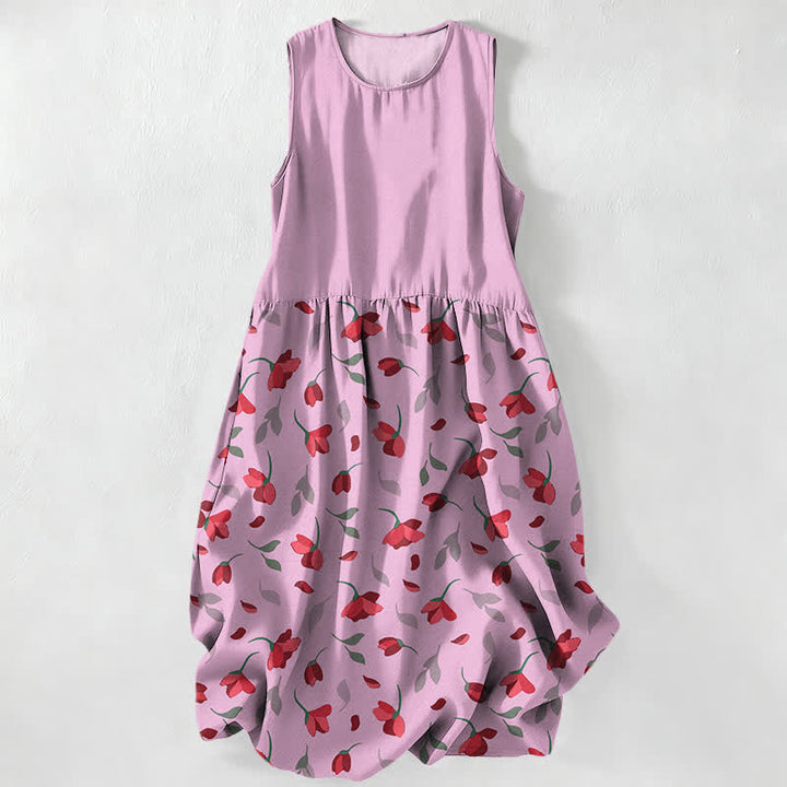 Buddha Stones Summer Casual Red Floral Vine Pattern Women's Summer Sleeveless Midi Dress With Pockets - LightPink - US16，UK/AU20，EU48 (3XL) - image 5