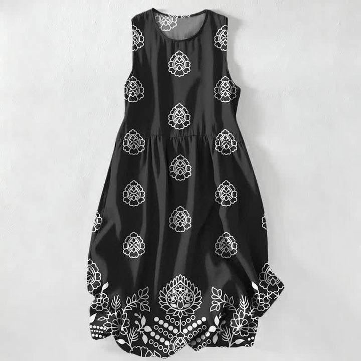 Buddha Stones Summer Casual Vintage Floral Medallions Leaves Pattern Women's Summer Sleeveless Midi Dress With Pockets - Black - US16，UK/AU20，EU48 (3XL) - image 0