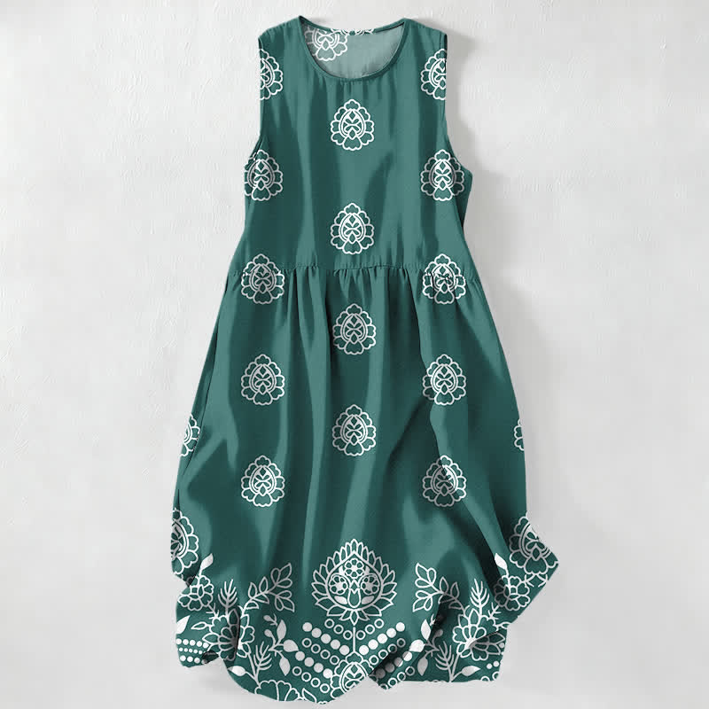 Buddha Stones Summer Casual Vintage Floral Medallions Leaves Pattern Women's Summer Sleeveless Midi Dress With Pockets - MediumAquamarine - US16，UK/AU20，EU48 (3XL) - image 5