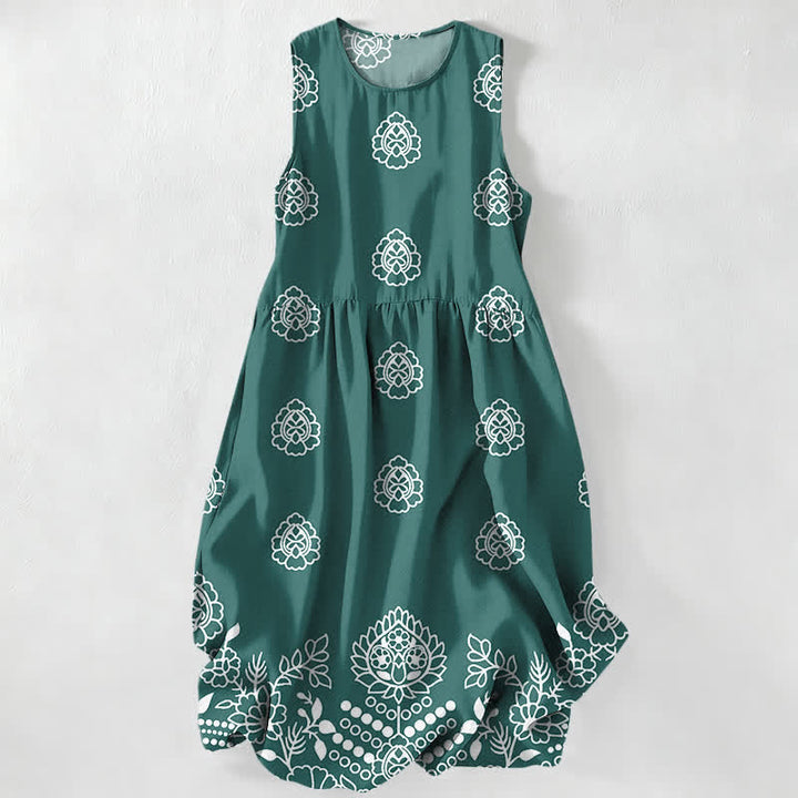 Buddha Stones Summer Casual Vintage Floral Medallions Leaves Pattern Women's Summer Sleeveless Midi Dress With Pockets - MediumAquamarine - US16，UK/AU20，EU48 (3XL) - image 5