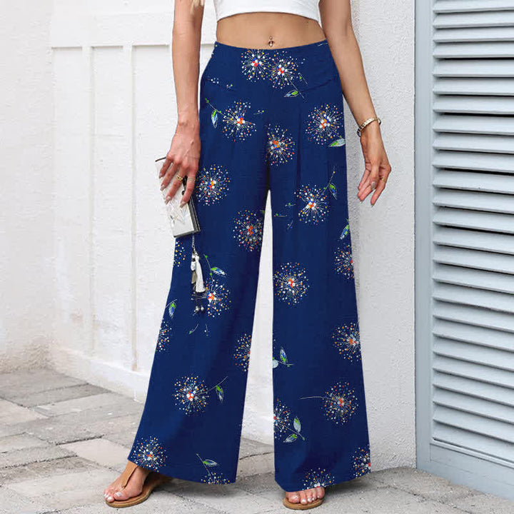 Buddha Stones Cotton Linen Colorful Dandelion Floral Pattern Women's Elastic Waist Wide Leg Pants With Pockets - image 5