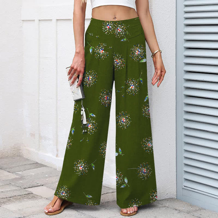 Buddha Stones Cotton Linen Colorful Dandelion Floral Pattern Women's Elastic Waist Wide Leg Pants With Pockets - image 7