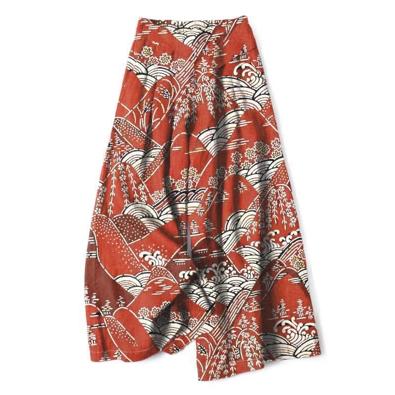 Buddha Stones Cotton Linen Japanese Wave Pattern Women's Elastic Waist Wide Leg Pants With Pockets - IndianRed - US16，UK/AU20，EU48 (3XL) - image 0