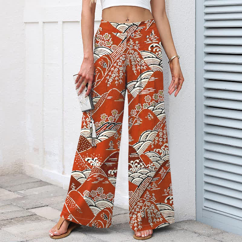 Buddha Stones Cotton Linen Japanese Wave Pattern Women's Elastic Waist Wide Leg Pants With Pockets - image 1