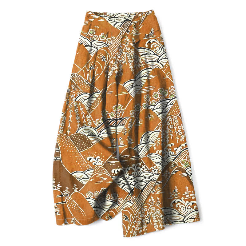 Buddha Stones Cotton Linen Japanese Wave Pattern Women's Elastic Waist Wide Leg Pants With Pockets - Goldenrod - US16，UK/AU20，EU48 (3XL) - image 4