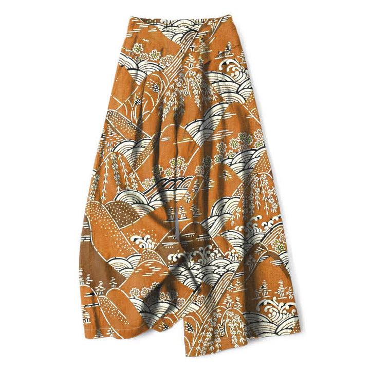 Buddha Stones Cotton Linen Japanese Wave Pattern Women's Elastic Waist Wide Leg Pants With Pockets - Goldenrod - US16，UK/AU20，EU48 (3XL) - image 4