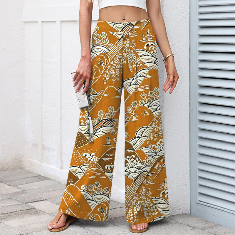 Buddha Stones Cotton Linen Japanese Wave Pattern Women's Elastic Waist Wide Leg Pants With Pockets - image 5